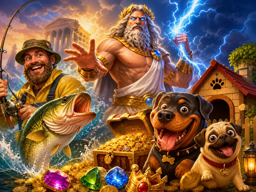 A dynamic composition featuring mythical slot game characters and vivid themed worlds with cinematic lighting.