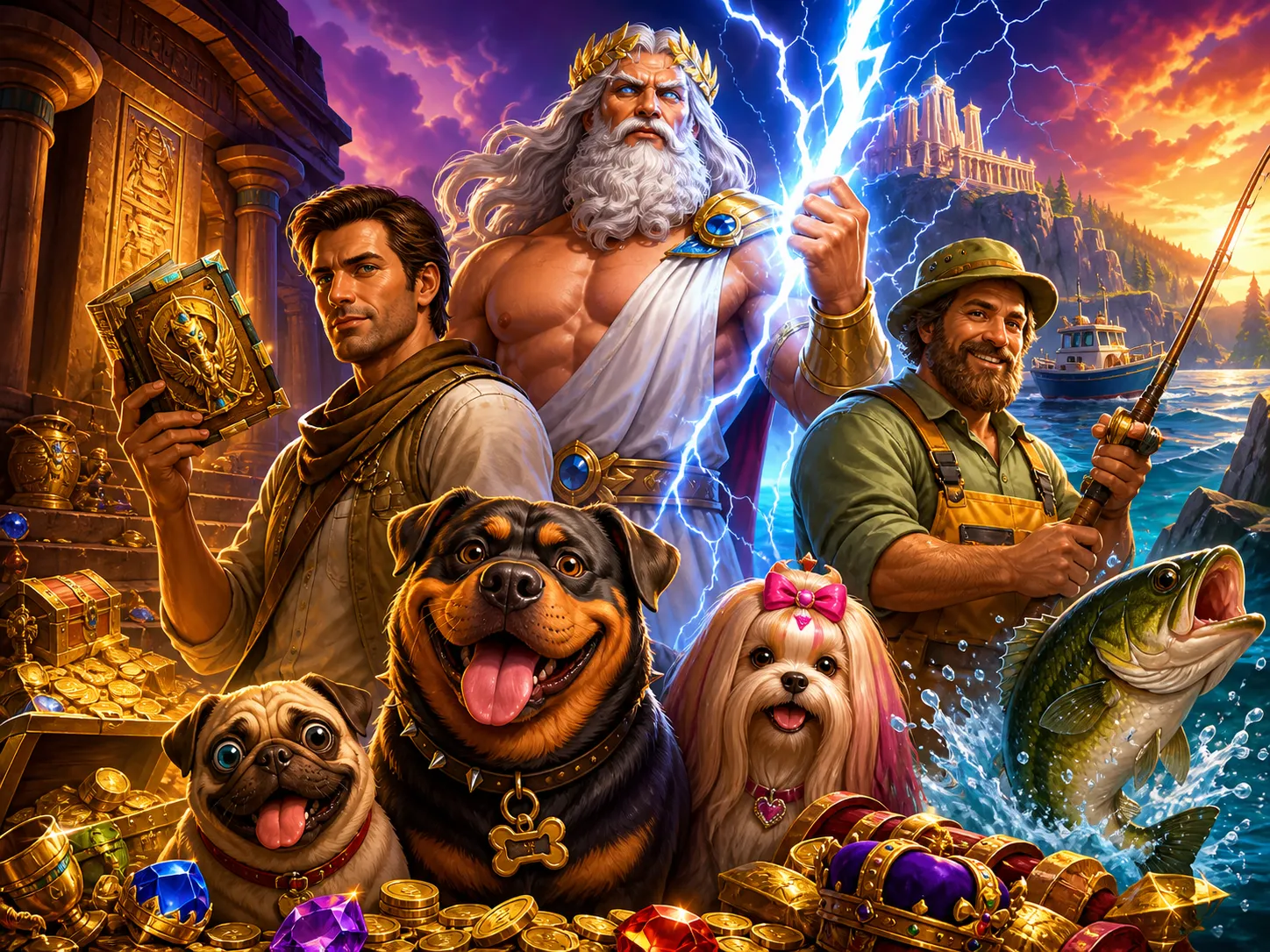 Vibrant promotional artwork depicting characters and worlds from popular slot games available at NV Casino, showcasing dynami